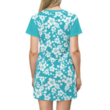 Load image into Gallery viewer, Teal and White Hibiscus Pattern T-Shirt Dress
