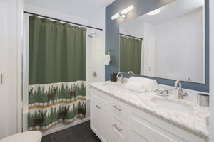 Green With Stag and Pine Trees Shower Curtain