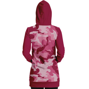 Pink Camouflage Longline Hoodie Dress With Solid Dark Pink Contrast Sleeves