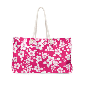 Hot Pink and White Hibiscus Hawaiian Pattern Beach Bag Weekender Bag For Shopping travel and More
