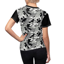 Load image into Gallery viewer, Camo Pattern Women&#39;s Tee Black, White and Gray Snow Camouflage With Contrast Sleeves
