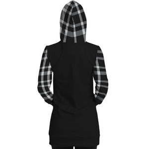 Black Longline Hoodie Dress With Black and White Plaid Contrast Sleeves, Pocket and Hood