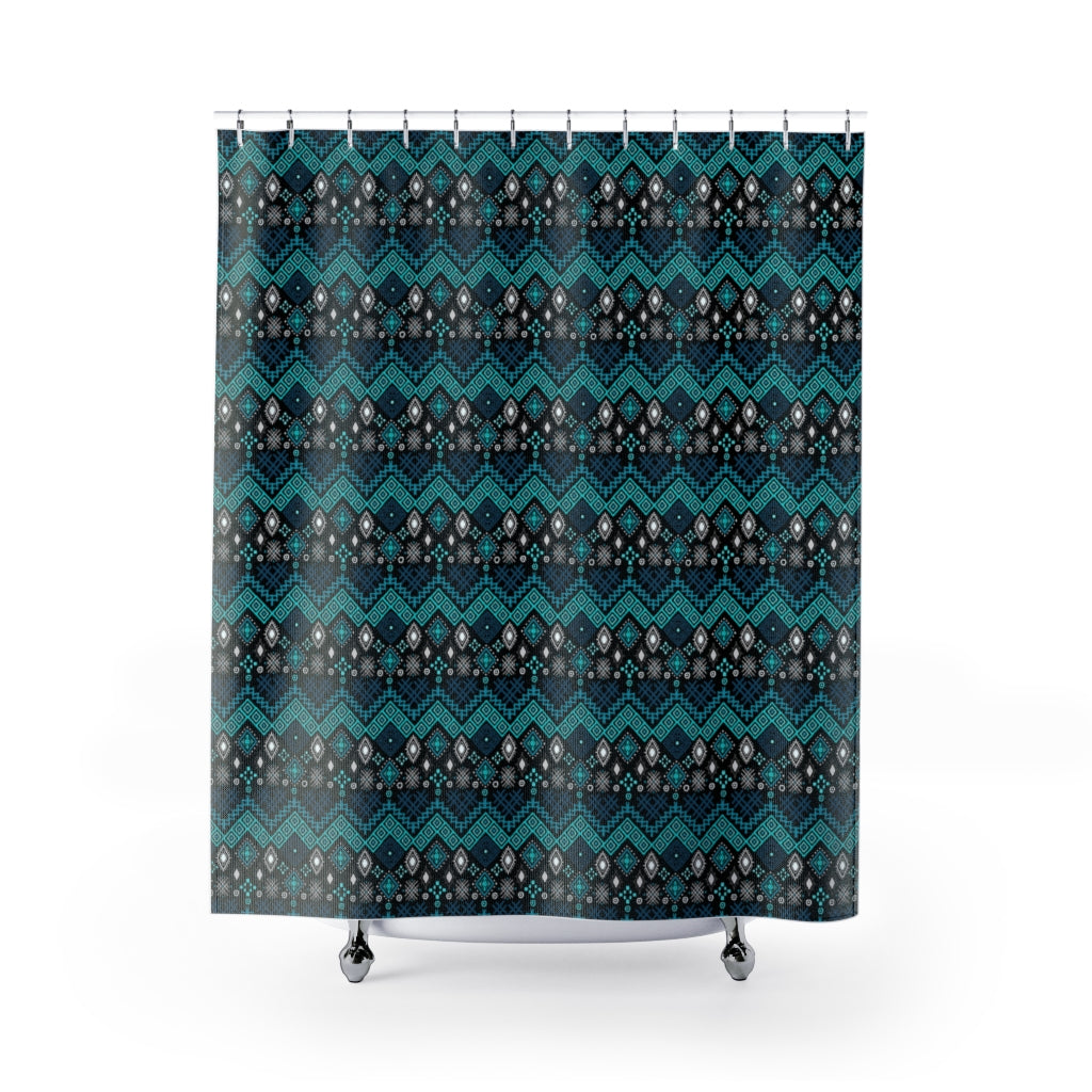 Teal Blue Ethnic Pattern Shower Curtain