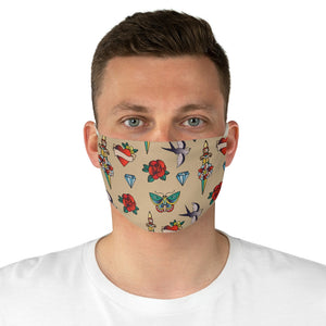 Tan With Traditional Tattoo Pattern Fabric Face Mask Printed Old School Style