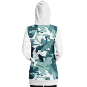 White and Minty Teal Camouflage Pattern Longline Hoodie Dress With Solid White Sleeves, Pocket and Hood