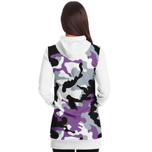 White and Purple Camouflage Longline Hoodie Dress With Solid White Sleeves, Pocket and Hood