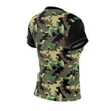 Load image into Gallery viewer, Camo Pattern Women&#39;s Tee Green, Brown and Black Camouflage With Contrast Sleeves
