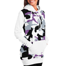 Load image into Gallery viewer, White and Purple Camouflage Longline Hoodie Dress With Solid White Sleeves, Pocket and Hood
