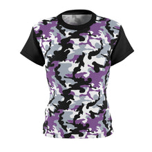 Load image into Gallery viewer, Camo Pattern Women&#39;s Tee Purple, White and Black Camouflage With Contrast Sleeves
