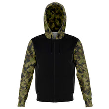 Load image into Gallery viewer, Camo and Black Contrast Hoodie With Green, Brown and Gray Camouflage Sleeves and Hood
