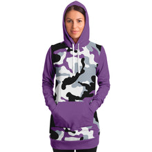 Load image into Gallery viewer, Purple Camouflage Longline Hoodie Dress With Solid Purple Sleeves, Pocket and Hood
