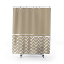 Load image into Gallery viewer, Tan and White Quatrefoil Color Block Contrast Shower Curtain
