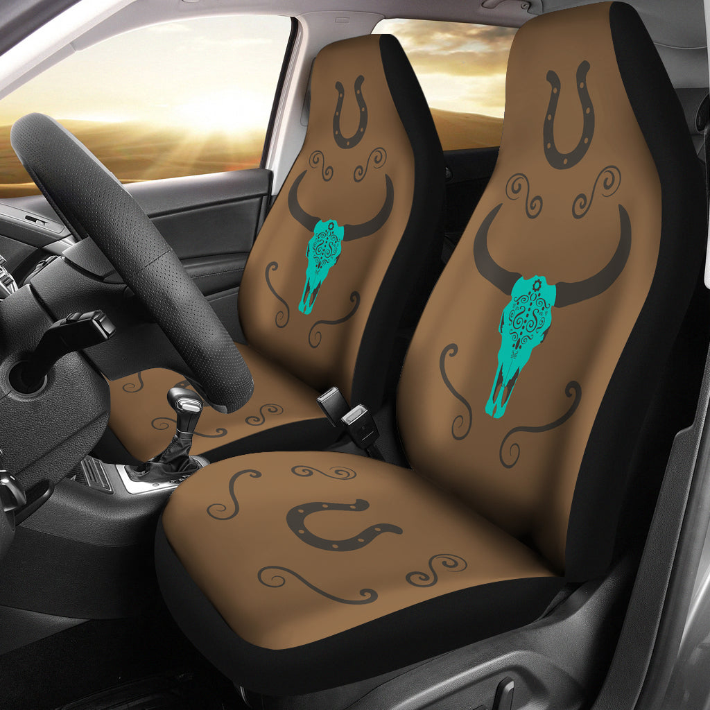 Turquoise Cow Skull on Brown Faux Suede Car Seat Covers