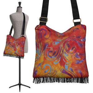 Colorful Batik Design Printed Canvas Boho Bag With Fringe and Crossbody Shoulder Strap Purse