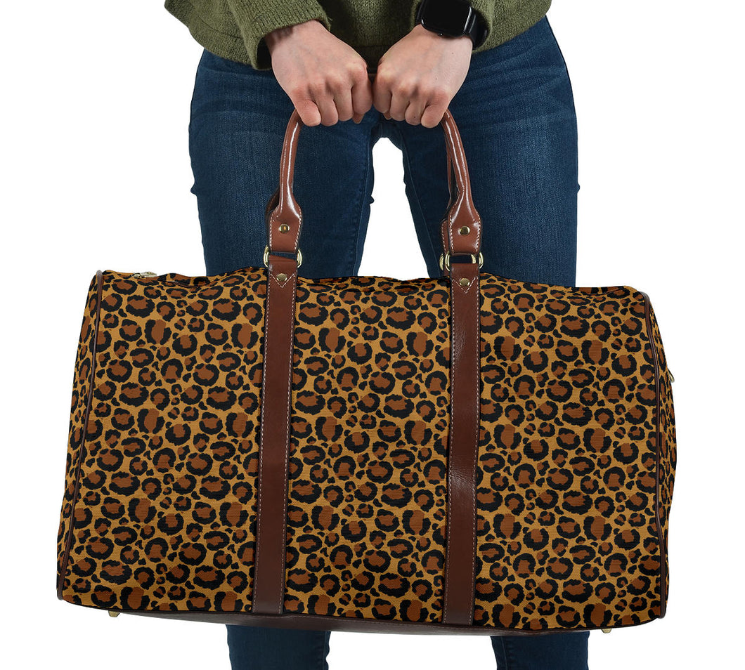 Leopard Print Travel Bag Duffel With Faux Leather Brown Handles