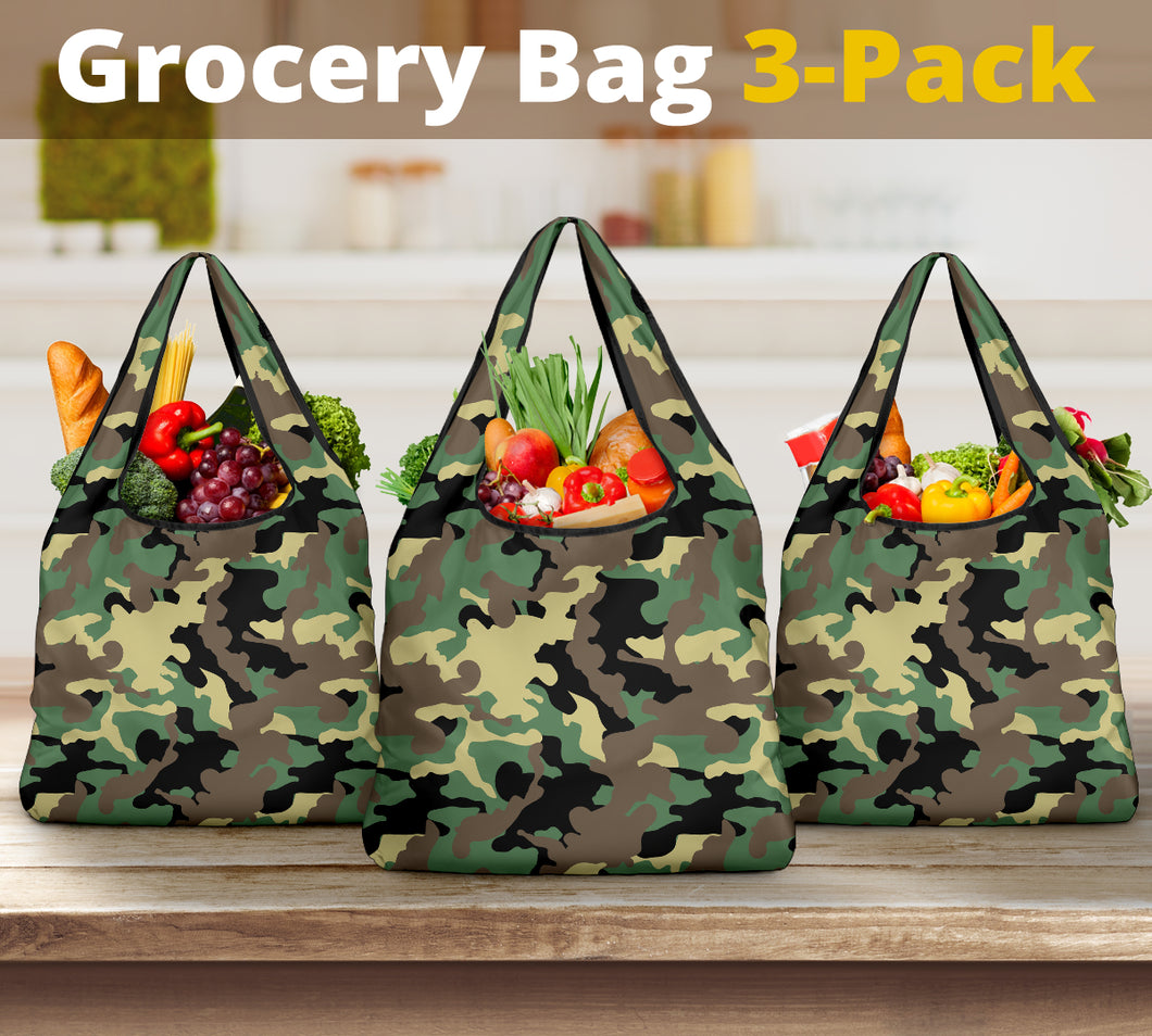 Green Camouflage Reusable Grocery Shopping Bags Pack of 3