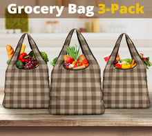 Load image into Gallery viewer, Coffee Colored Brown Buffalo Plaid Grocery Shopping Bags Pack of 3
