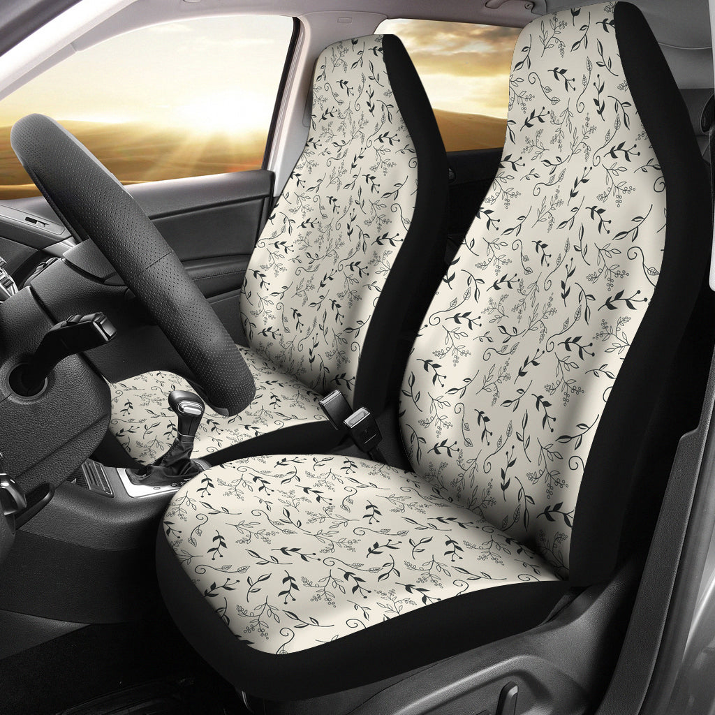 Off White With Black and Gray Leaves Car Seat Covers