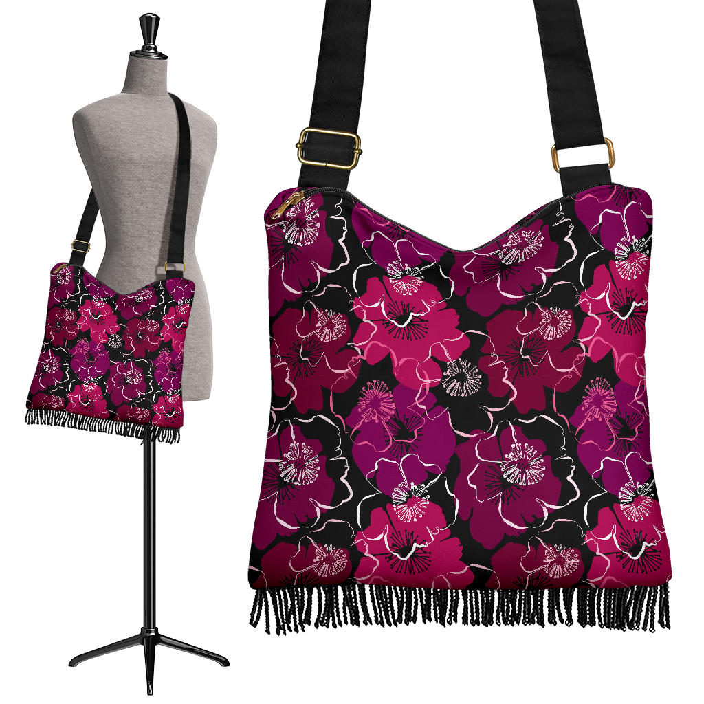 Black With Colorful Flowers Boho Bag With Fringe and Crossbody Strap