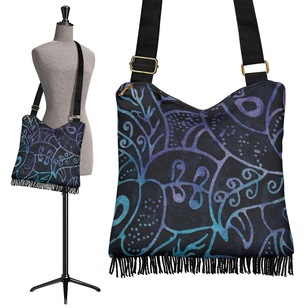 Black Purple and Blue Batik Pattern Watercolor Boho Fringe Bag Crossbody Purse With Shoulder Strap
