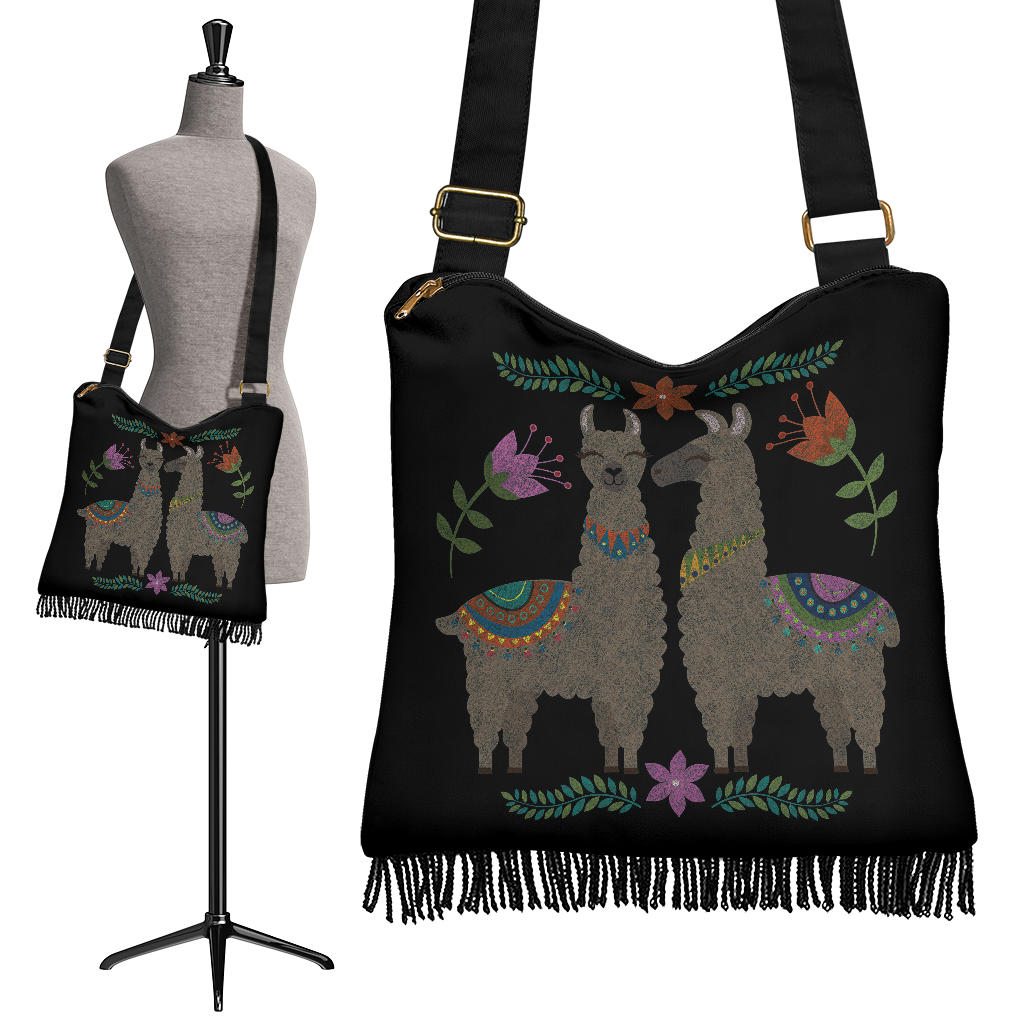 Chalky Llama Design Boho Bag With Fringe and Crossbody Shoulder Strap