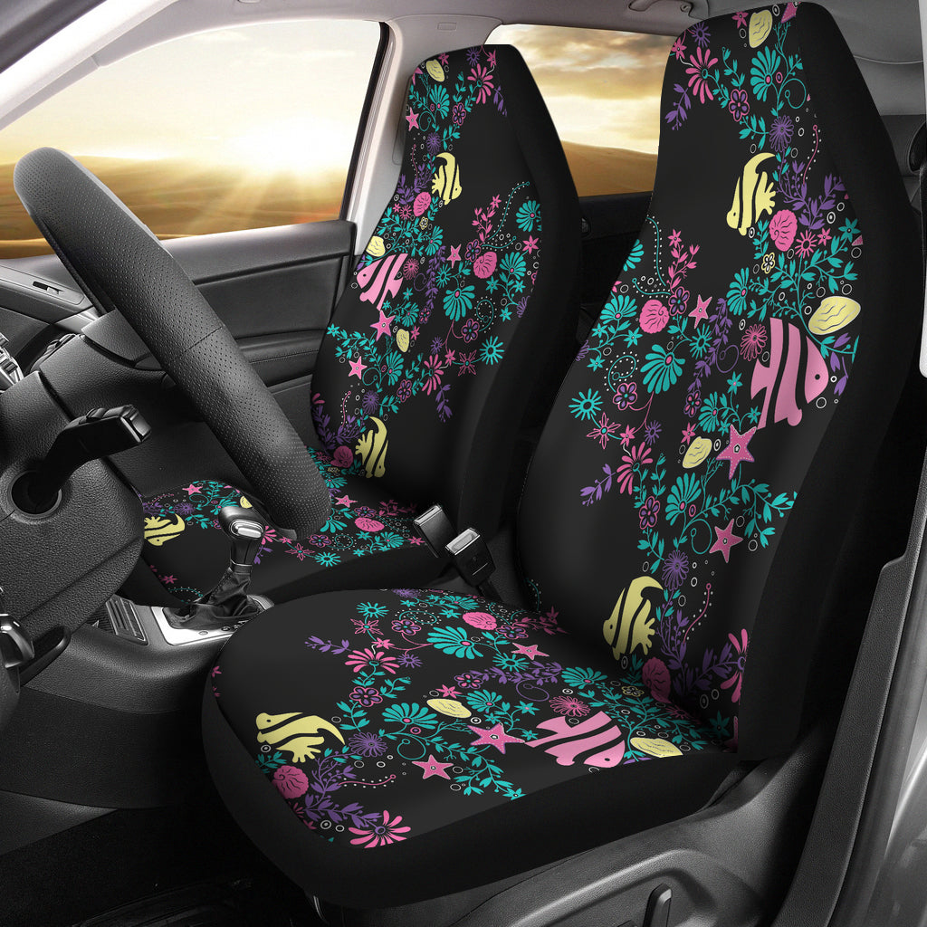 Pastel Ocean Chalky Style Water Themed Car Seat Covers Fish and Sea Shells