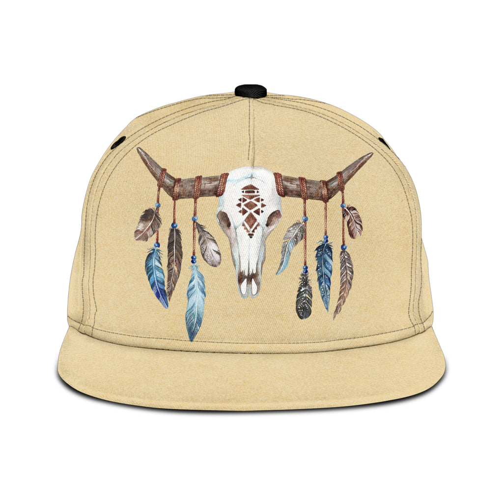 Tan Snapback Hat Cap Boho With Bull and Feathers