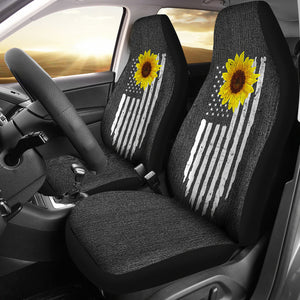 Distressed American Flag With Rustic Sunflower on Dark Gray Faux Denim Style Car Seat Covers