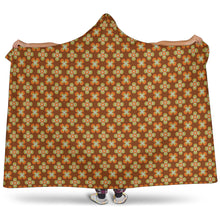 Load image into Gallery viewer, Brown With Orange and Green Retro Flower Pattern Hooded Blanket With Tan Sherpa Lining
