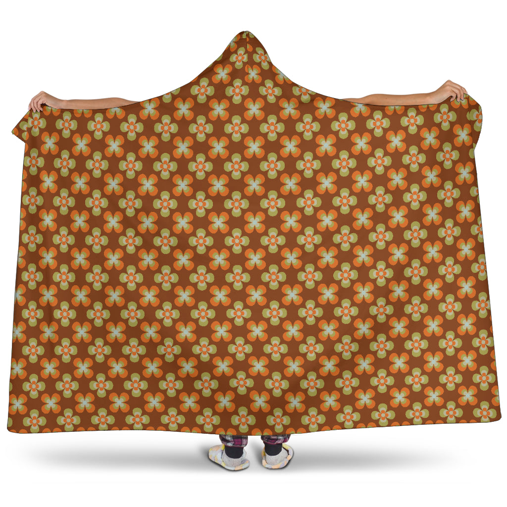 Brown With Orange and Green Retro Flower Pattern Hooded Blanket With Tan Sherpa Lining
