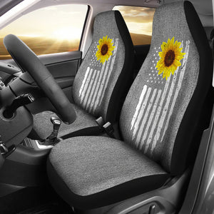 Distressed American Flag With Rustic Sunflower on Light Gray Denim Style Car Seat Covers