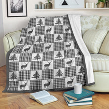 Load image into Gallery viewer, Winter Plaid Pattern Fleece Blanket Patchwork Deer and Pine Trees Pattern Dark Gray Border
