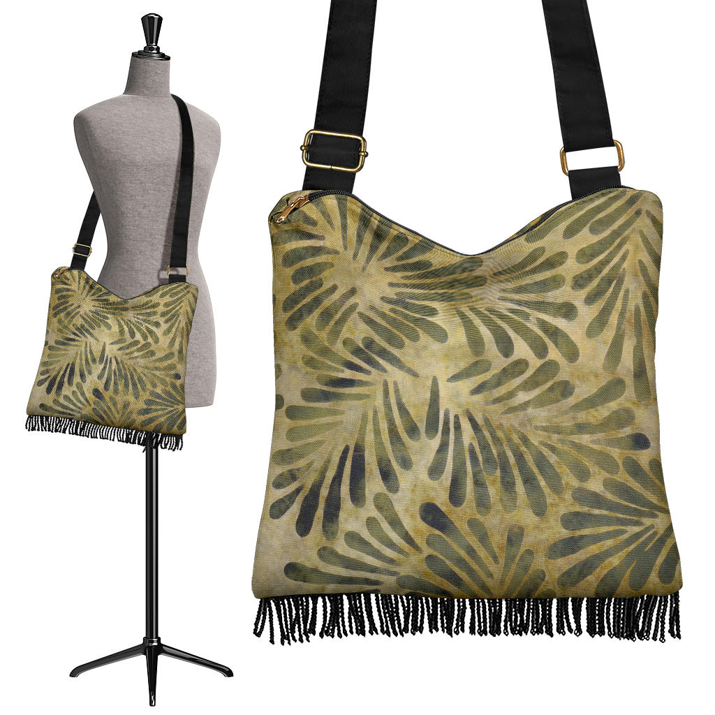 Olive Green and Sand Colored Batik Leaves Patter Boho Bag Fringe Crossbody Shoulder Bag