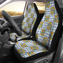 Load image into Gallery viewer, Faded Denim Blue Buffalo Plaid and Sunflowers Patchwork Pattern Car Seat Covers Set
