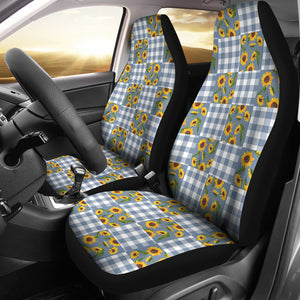 Faded Denim Blue Buffalo Plaid and Sunflowers Patchwork Pattern Car Seat Covers Set