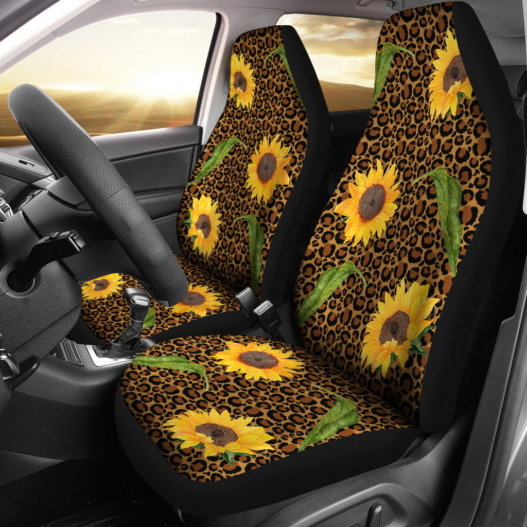 Rustic Sunflowers and Leaves on Leopard Print Car Seat Covers Seat Protectors