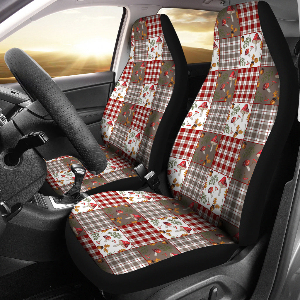 Mushroom and Plaid Pattern Cottage Core Car Seat Covers Set