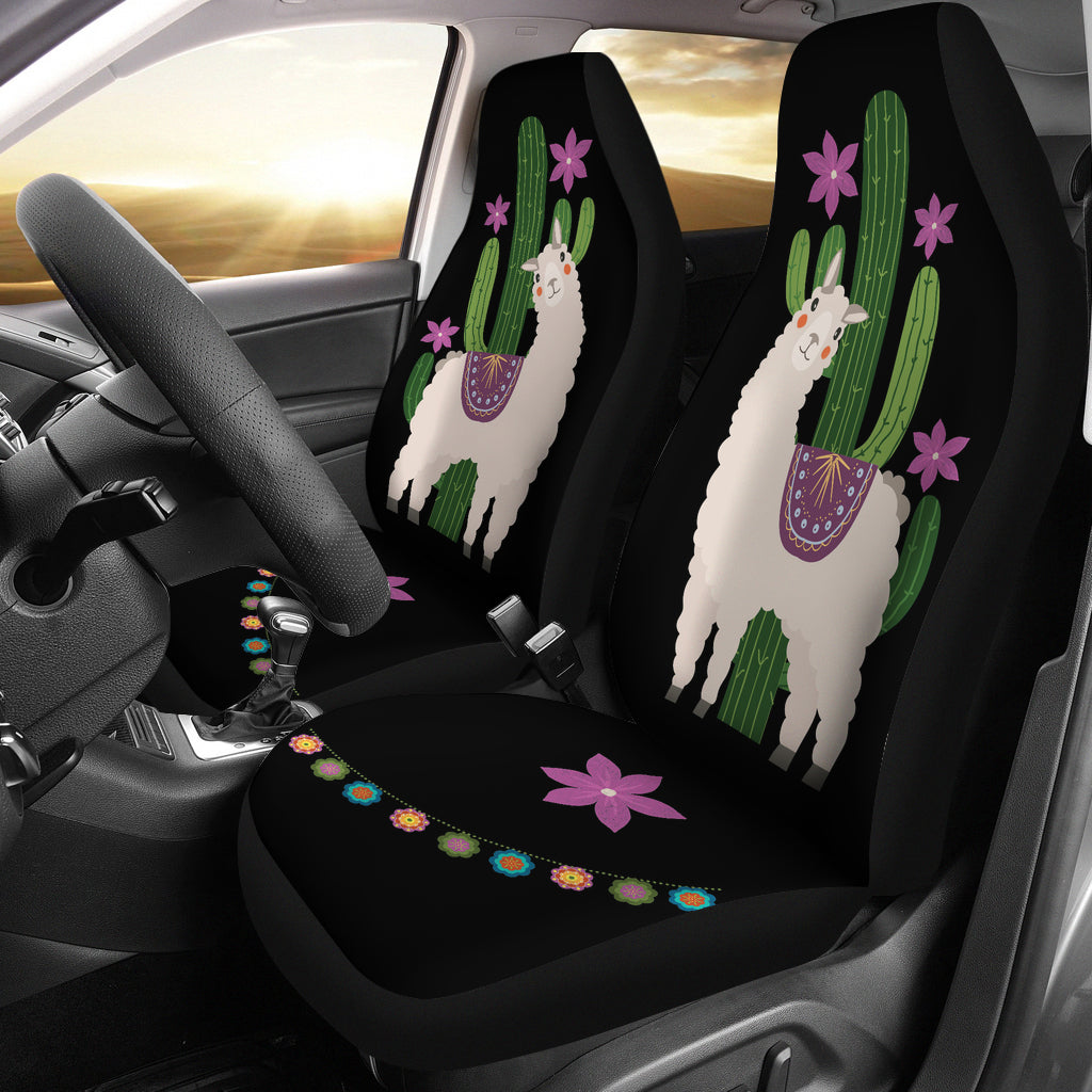 Alpaca Car Seat Covers Boho Hippie Style Cactus and Flowers Desert Motif Purple and Black
