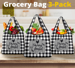 Black and White Buffalo Plaid Farmers Market Grocery Bags 3 Pack