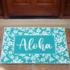 Aloha Hawaiian Hibiscus Teal and White Door Mat Welcome Mat