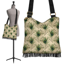 Load image into Gallery viewer, Tan With Green Peacock Feathers Fringe Purse Boho Bag With Crossbody Shoulder Strap
