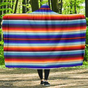 Blue and Orange Serape Style Striped Hooded Blanket With Fleece Lining