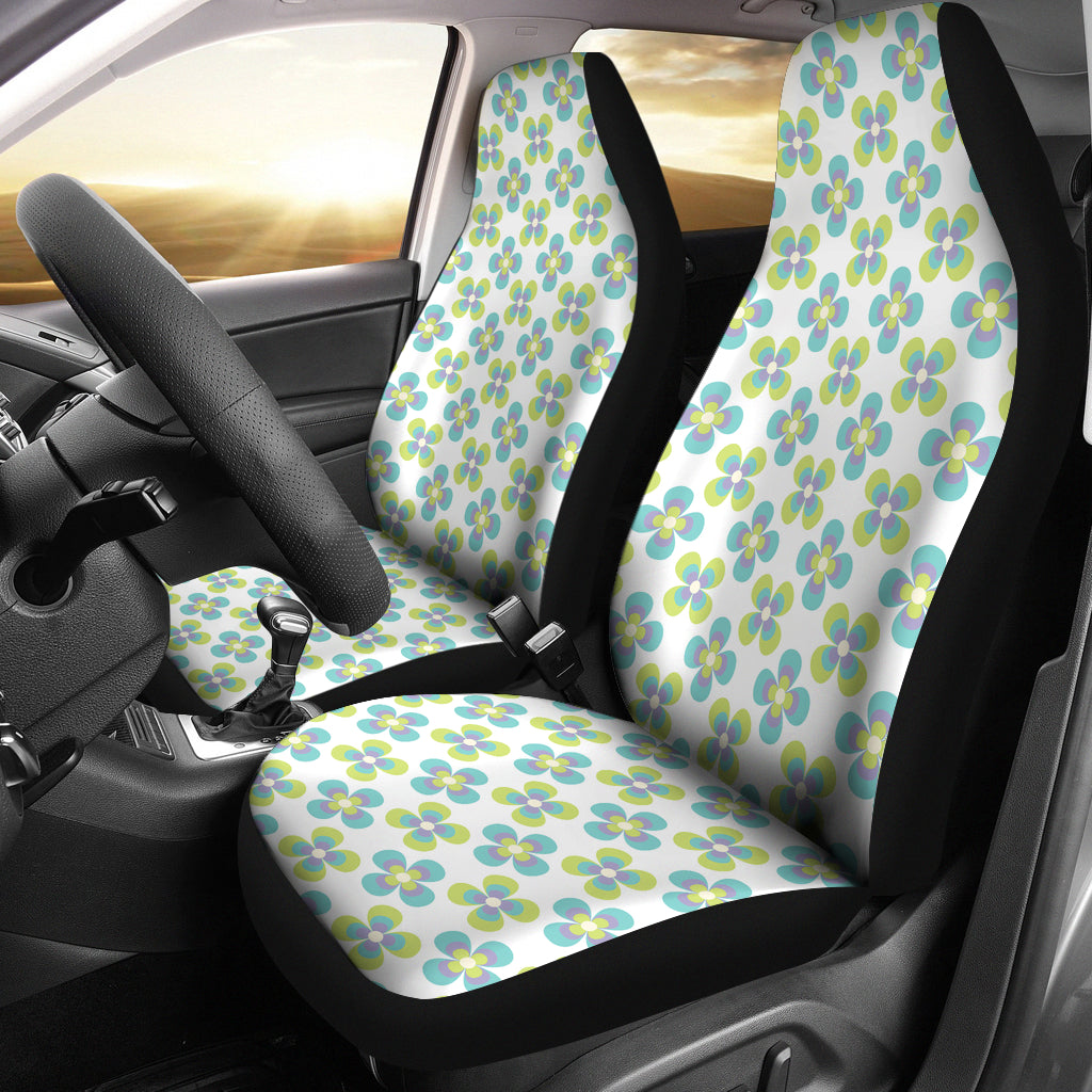 White With Green Retro Hippie Flower Pattern Car Seat Covers Set