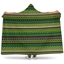 Load image into Gallery viewer, Green With Black Ethnic Tribal Pattern Hooded Blanket With Tan Sherpa Lining
