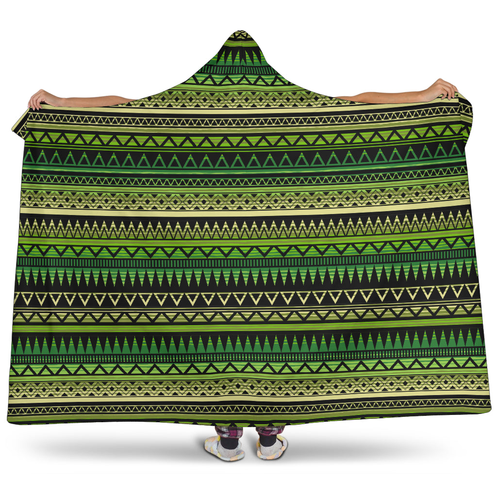Green With Black Ethnic Tribal Pattern Hooded Blanket With Tan Sherpa Lining