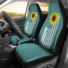 Load image into Gallery viewer, Distressed American Flag With Rustic Sunflower on Turquoise Faux Denim Style Car Seat Covers
