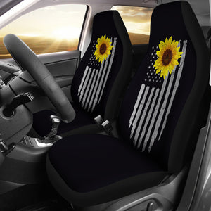 Black With Faded and Distressed American Flag With Rustic Sunflower Car Seat Covers Seat Protectors