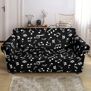 Music Notes Pattern in Black and White on Stretch Loveseat Slipcover Protector