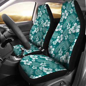 Dark Teal and White Hibiscus Flower Car Seat Covers Set of 2 Hawaiian Pattern