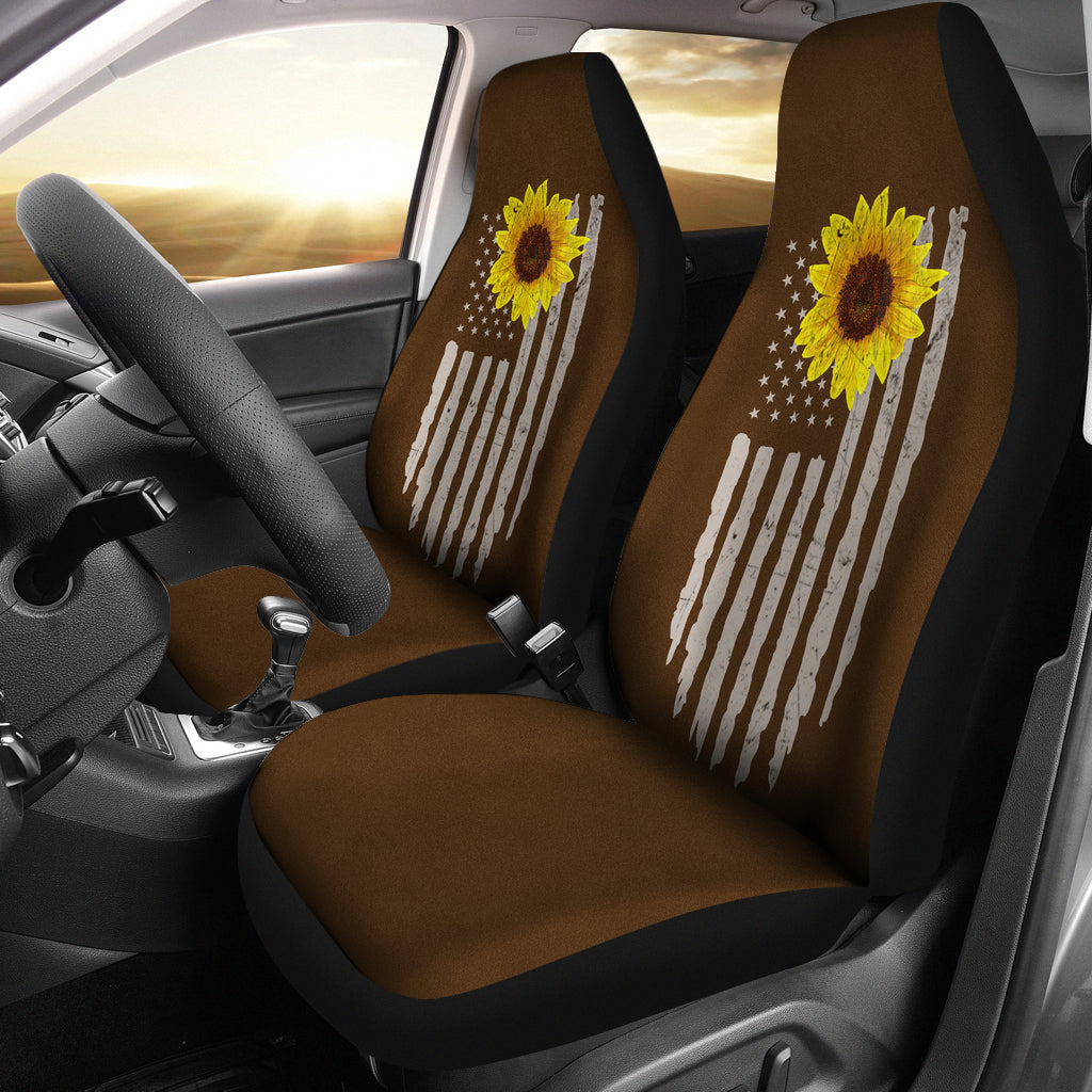 Distressed American Flag With Rustic Sunflower on Dark Brown Faux Suede Style Car Seat Covers